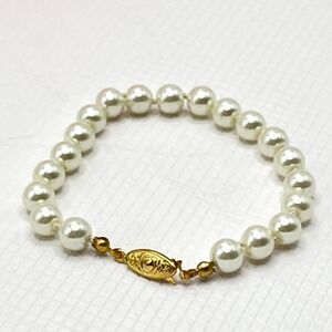 Vintage Dainty Knotted Faux White Pearl 7" Bracelet w/ Gold Tone Fish Hook Clasp